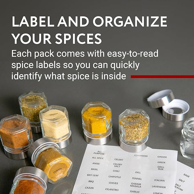 IMPRESA Hexagon Magnetic Spice Jars - 15 Pack 1.74 oz Glass Jars With Stainless Steel Lids - Airtight Magnetic Seasoning Containers & Space-Saving Honeycomb Fridge Magnets - 60 Preprinted Labels-Ruum Studio Home