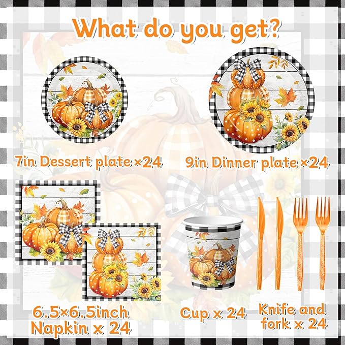 Fall Party Decorations,144Pcs Fall Thanksgiving Tableware Set Includes Plates,Napkins,Knife,Fork Black and White Buffalo Plaid Pumpkin Theme Decorations for Autumn Harvest,Thanksgiving Day-Ruum Studio Home