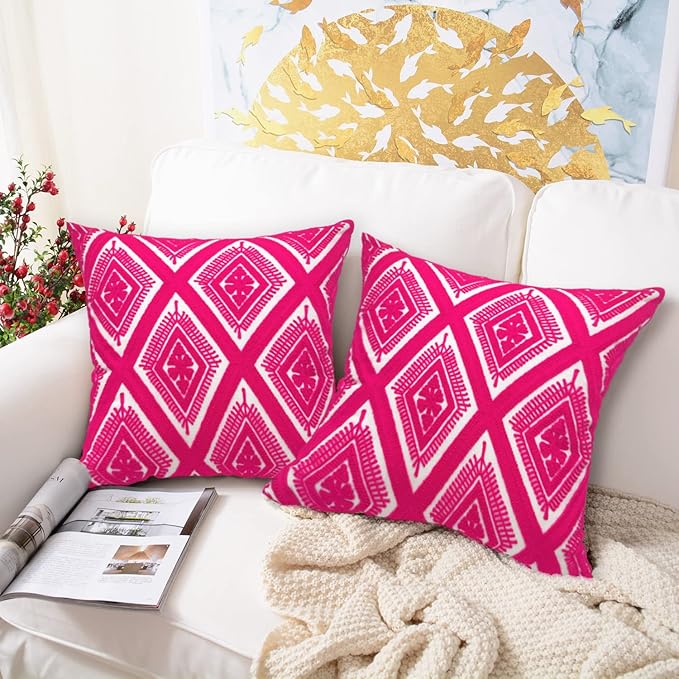Alysheer Embroidered Decorative Throw Pillow Covers 18x18 inches Set of 2 Pieces, Boho Geometric Modern Chic Classic Pattern Cotton Cushion Cases for Sofa Couch Bed Living Room(Bright Hot Pink)-Ruum Studio Home