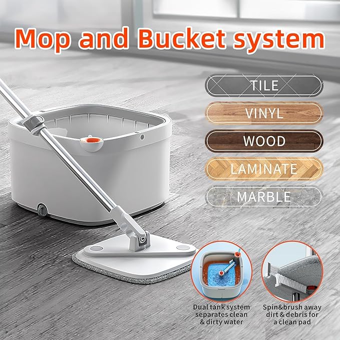 KZKR Spin Mop and Bucket Set with Self Separation Dirty and Clean Water System, Self Wringing 360° Rotating Square Mop Head for Home Floors Cleaning (1.0 Mop and Bucket Set (10 Pads))-Ruum Studio Home