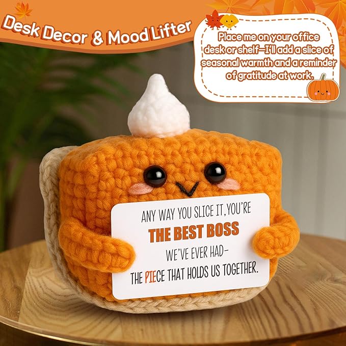 Crochet Pumpkin Pie Gift Idea for Boss – Funny Handmade Appreciation Plush with card “Best Boss” – Farewell Gifts for Women Men, Office Desk Decor, Mini Thank You Token for Manager, Supervisor, Leader-Ruum Studio Home