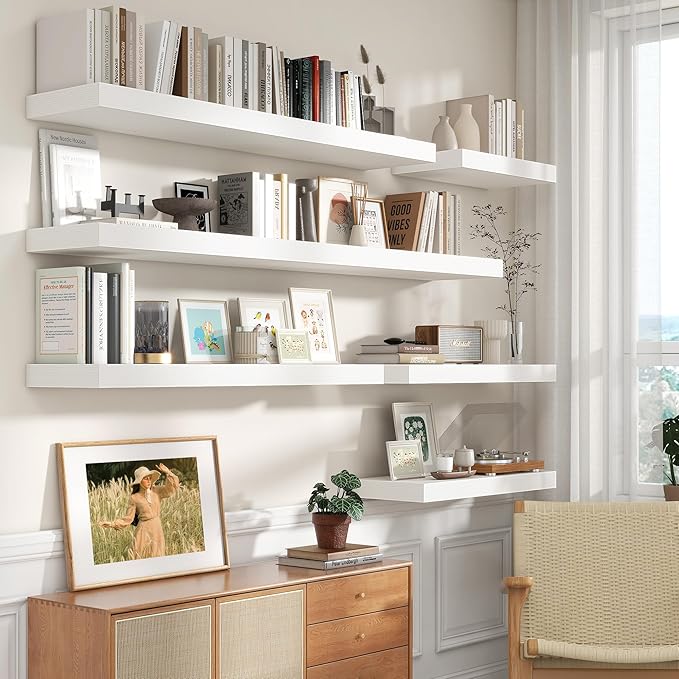 White Floating Shelves for Wall - 55 Inch Wide x 12 Inch Deep Wall Shelves Set of 1 - Rustic White Wood Shelves for Living Room, Bathroom, Laundry Room, Bedroom, Kitchen, Home Office-Ruum Studio Home