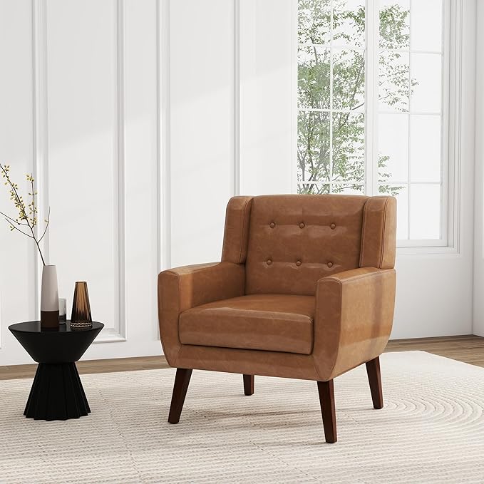 UIXE Faux Leather Accent Chair, Modern Arm Club Chair Upholstered Armchair for Living Room, Comfy Single Sofa Seats Button Tufted Reading Seating, Brown-Ruum Studio Home