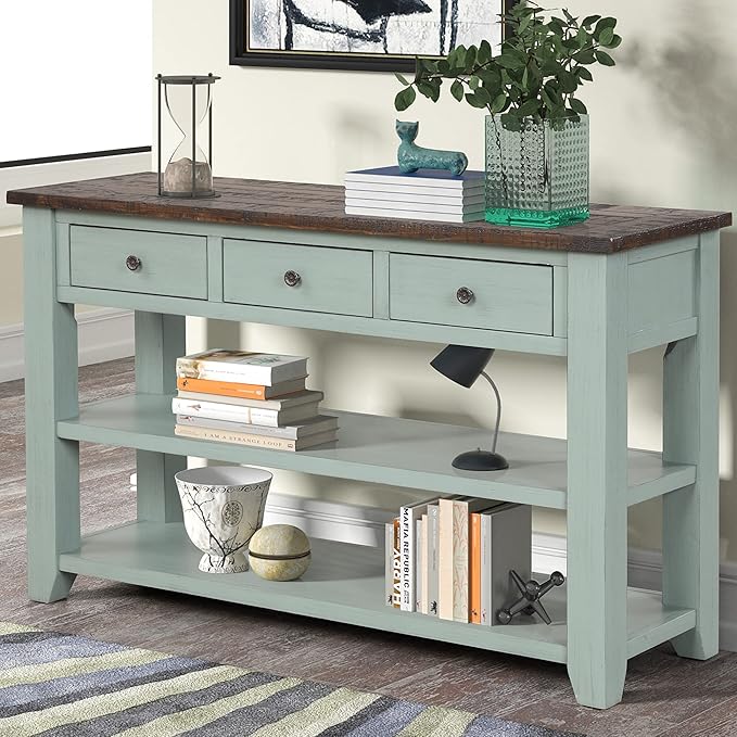Solid Wood Console Table Sofa Table with Storage Drawers and Bottom Shelf Entryway Table for Entry Hallway Foyer Sofa Couch Table,Fully Assembled (48.8" Green)-Ruum Studio Home