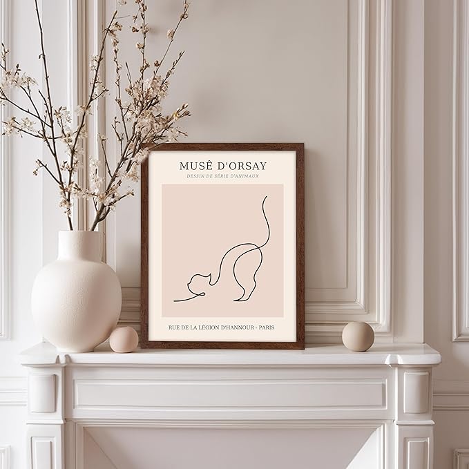 Poster Master Vintage Poster - Retro One Line Cat Drawing Print - Cat Art - Minimal Gift for Men, Women, Animal Lover - Abstract Wall Decor for Home, Office, Bedroom, 11x14 Brown Framed-Ruum Studio Home