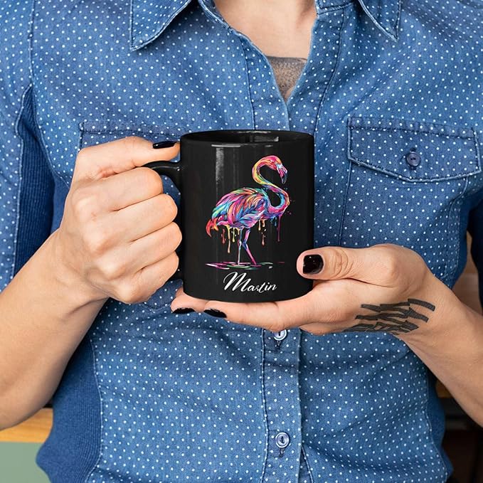 Beautiful Flamingo Animal Mug, Customized Name Flamingo Coffee Cup, Personalized Flamingo Lover Black Mug, Gift For Girlfriend, Colorful Animal Cup, Custom Flamingo Ceramic Cup 11oz 15oz-Ruum Studio Home