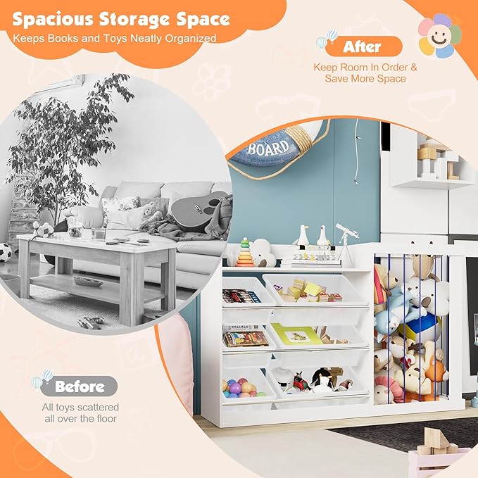 Kids Toy Storage Organizer with 3 Removable Plastic Bins Toddler Montessori Bookshelf with Stuffed Animal Net Holder Baby Bookcase Plush Organizer for Playroom, Bedroom,Kids Room,Classroom,Nursery-Ruum Studio Home