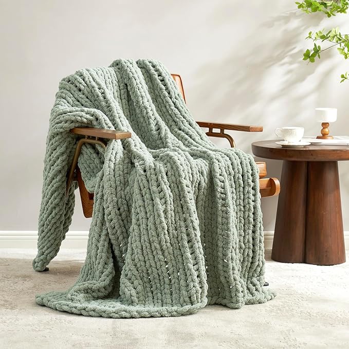Amélie Home Chunky Knit Throw Blanket for Couch, Soft Chenille Crochet Blanket for Children, 40"x50", Sage Green-Ruum Studio Home