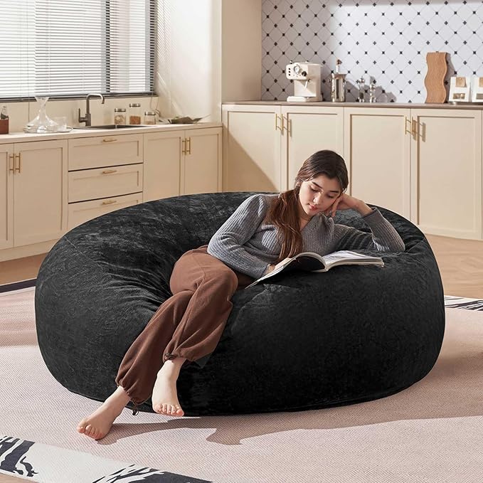Bean Bag Chair 6Ft, Memory Foam Filled, Large Beanbag Chairs for Adults and Teens, Soft Sofa with Removable Flannel Cover, Round Couch for Living Room Bedroom College Dorm (Black, 6FT-67×67"×24")-Ruum Studio Home