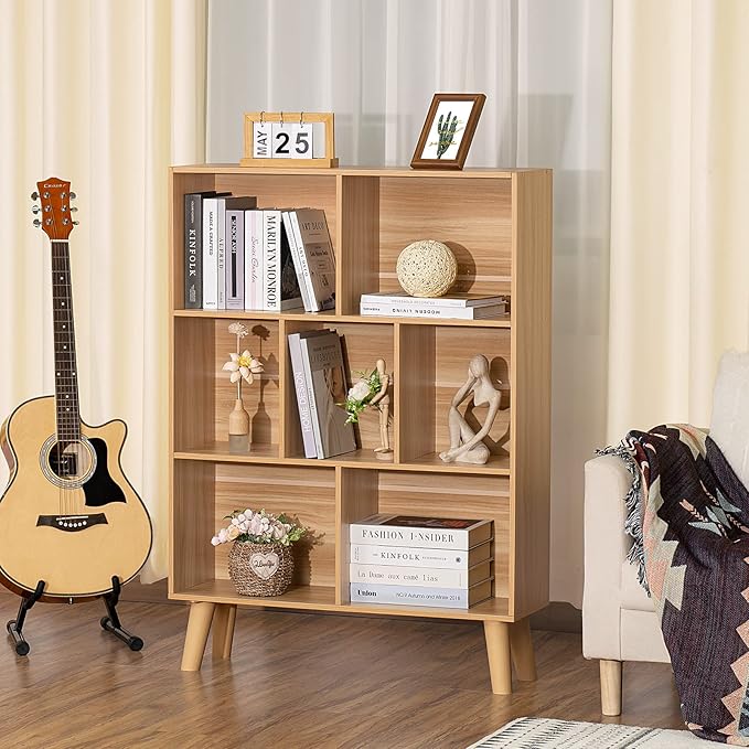 LEYAOYAO Wooden 7 Cube Book Shelf, Natural 3 Tier Bookshelf with Legs, Modern Open Storage Organizer,Boho Bookcase,Display Cabinet Shelf Free Standing Bookshelves for Bedroom,Living Room,Office-Ruum Studio Home