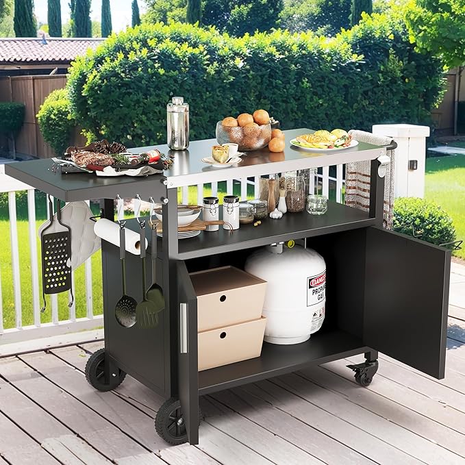 JY QAQA Outdoor Grill Cart with Storage,Patio Kitchen Island Outdoor Grill Table with Wheels,BBQ Cart Movable Pizza Oven Table Stand, Storage Cabinet, Foldable Tabletop, Black-Ruum Studio Home