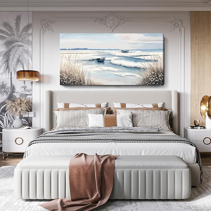 amatop Extra Large Wall Art for Living Room –Big Coastal Beach Minimalist Canvas Artwork with Sailboat Ocean Waves and Reeds Nautical Seascape Picture for Bedroom Decor Blue58x29 Inch-Ruum Studio Home