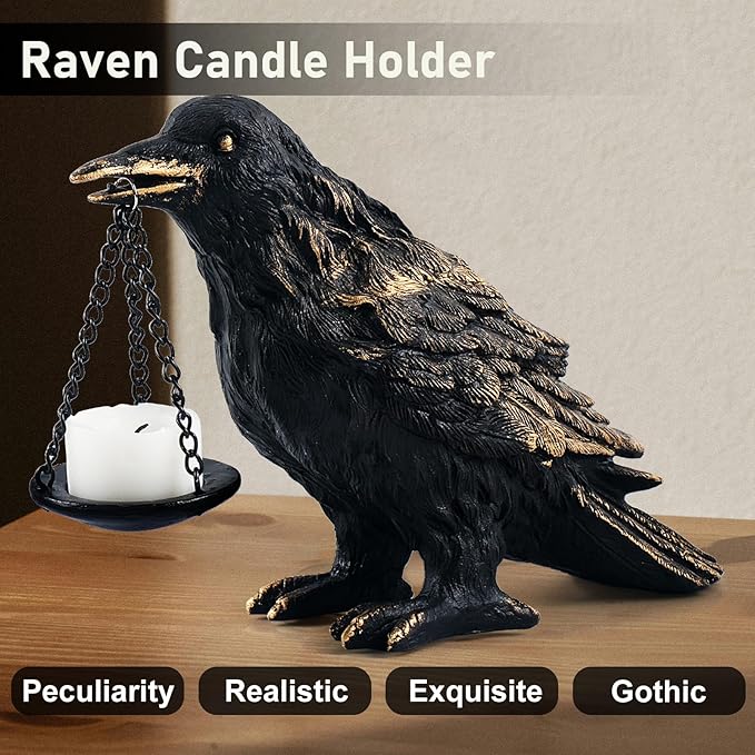 Raven Gothic Home Decor Fake Crow Light Holder Raven Lamp Tealight Candle Holder Resin Raven Statue Wearing Gold-Ruum Studio Home