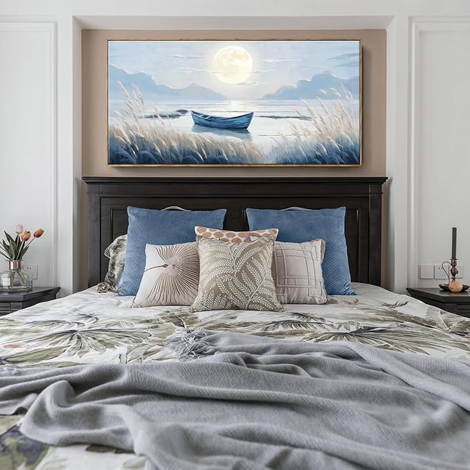 amatop Oversized Framed Coastal Wall Art for Living Room Blue Boat Moon Sea Picture Landscape Canvas Print Calming Night Ocean Lake Scene Large Artwork Nautical Bedroom Office Wall Decor 58x29 In-Ruum Studio Home