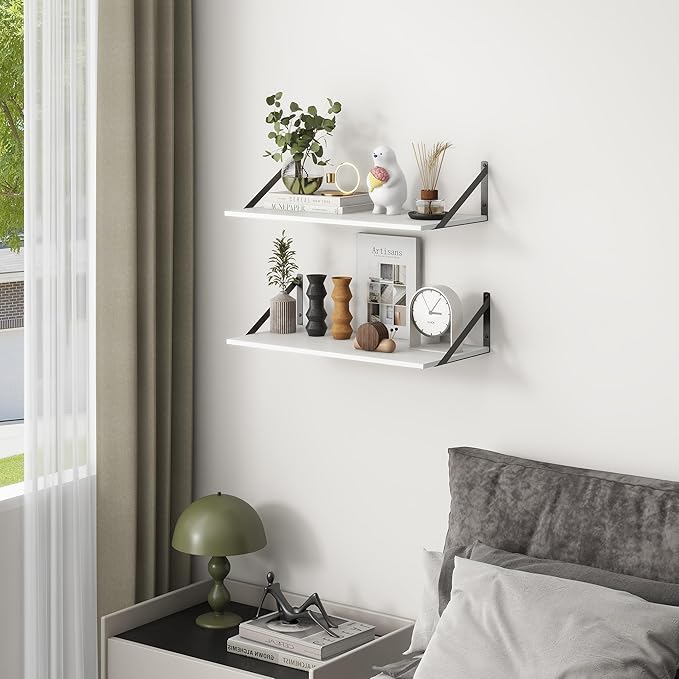 Deep Floating Shelves, 12 Inch Deep Floating Shelves for Wall, 24"W x 12"D Wall Shelves for Books, Rustic White Wooden Shelves, Large Wide Display Shelf for Bathroom, Living Room, Bedroom, Set of 2-Ruum Studio Home