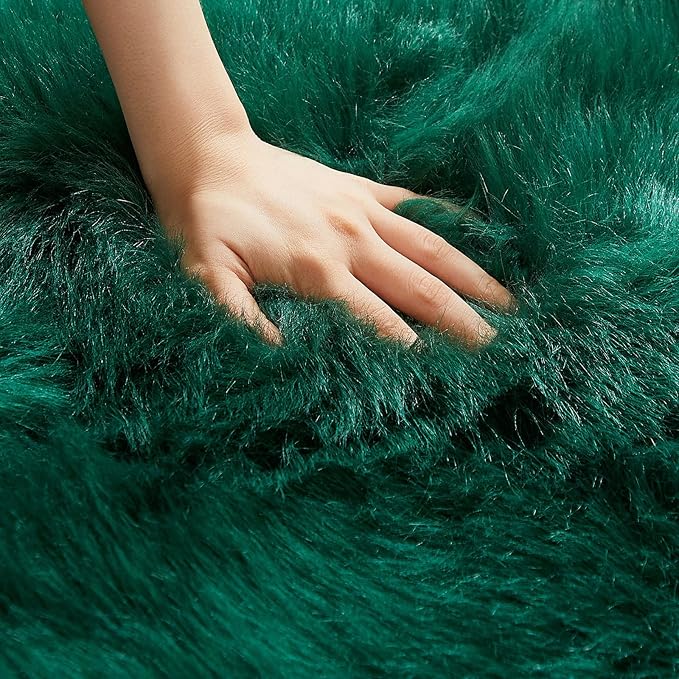 AMTOVO Faux Fur Rug, Dark Green Ultra Soft Fluffy Shag Sheepskin Rug, 2 x 6 ft Runner Area Rugs for Bedroom Sofa Throw Cushion Room Decor, Rectangle-Ruum Studio Home