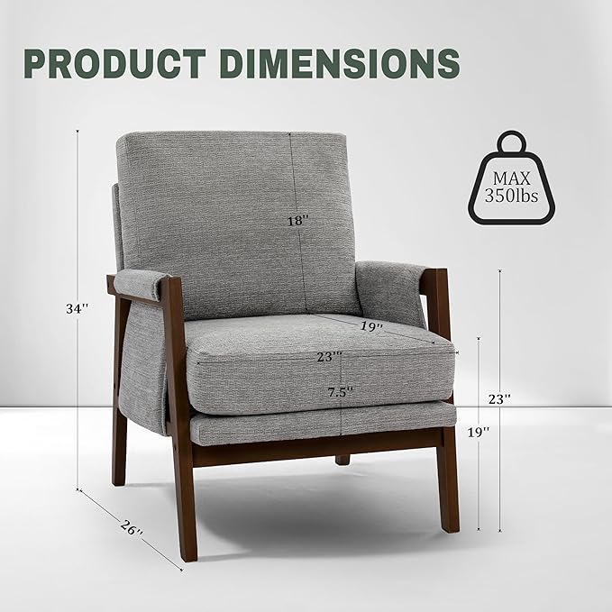 Modern Accent Chair for Living Room Mid Century Arm Chair Upholstered Bedroom Chair Comfy Lounge Chair with Solid Wood Frame, Grey-Ruum Studio Home