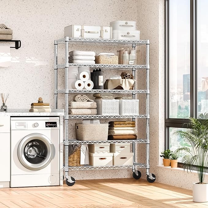 Steel Storage Shelving 6-Tier Utility Shelving Unit with Wheels, Steel Organizer Wire Rack for Home,Kitchen,Office,Garage,17.7" D x 47.2" W x 76.7" H-Ruum Studio Home