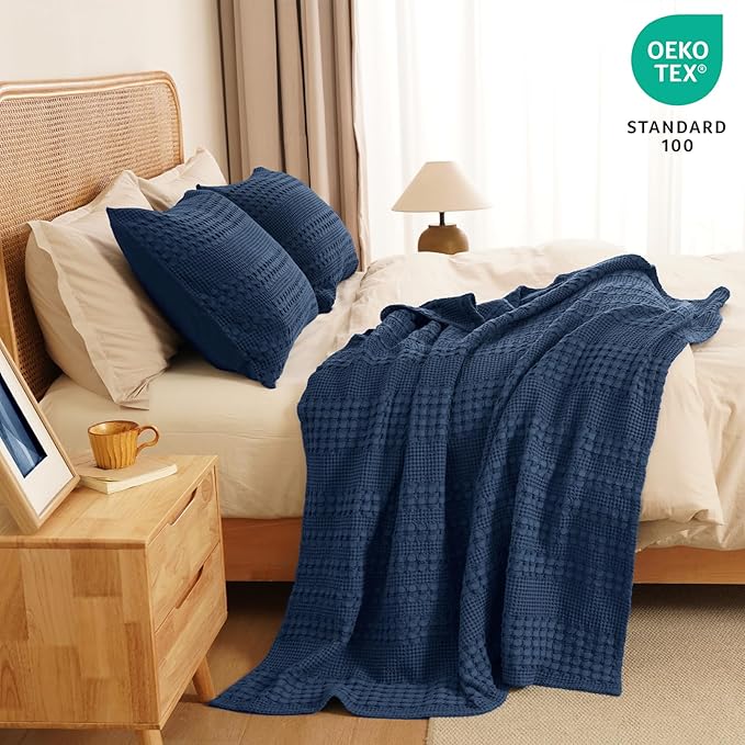 PHF 100% Cotton Waffle Weave Throw Blanket, Soft Lightweight Breathable Cozy Summer Throws for Couch Bed Sofa, Luxury Aesthetic Woven Blanket for Home Decor & Office, 50"x60", Bright Navy-Ruum Studio Home