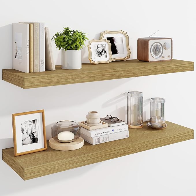 Marsmiles 36" Floating Shelves for Wall, Wooden Shelves with Invisible Brackets Set of 2, Rustic Farmhouse Wall Mounted Shelf for Kitchen Bathroom Living Room Study, Natural Oak-Ruum Studio Home