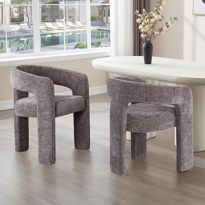 Charcoal Grey Chenille Dining Chairs Set of 2, Modern Barrel Dining Room Chairs Upholstered Accent Chair with Arms and Round Back for Living Room Kitchen Armchair No Assembly Needed-Ruum Studio Home