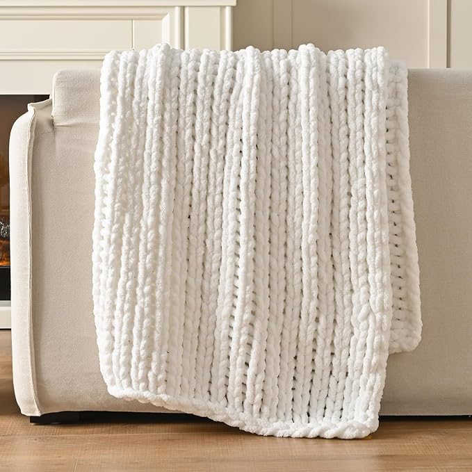 Esterra 100% Hand Knitted Chenille Throw Blanket, 50"x60", White, Polyester, Chunky Knit, Throw Blanket, 50x60 Inches-Ruum Studio Home
