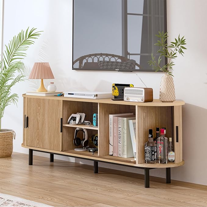 62" Tambour Door TV Stand,Wood Mid Century Modern TV Cabinet for Up to 75“ TV,Curved Edge Long TV Stand with Storage for Bedroom Living Room (Natural, 62.2inch)-Ruum Studio Home