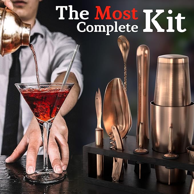 Highball & Chaser Bartender Kit with Black Bamboo Stand Beautiful Cocktail Shaker Set and Bar Tools Stainless Steel Boston Shaker Bartender Kit with Stand (Antique Copper)-Ruum Studio Home