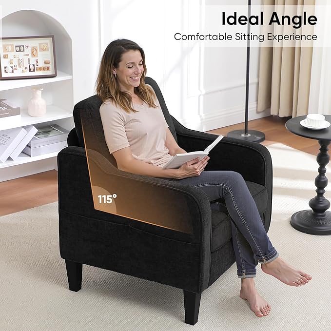 Accent Chairs Set of 2, Upholstered Living Room Chairs with Side Pockets, Mid Century Modern Reading Chair for Bedroom, Comfy Armchair Single Sofa Side Chair for Office, Small Room, Black-Ruum Studio Home