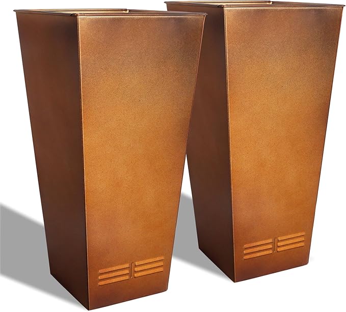 Worth Garden 28" H. Large Metal Planter Set of 2, Classic Matte Bronze Retro Finish Tall Square Tapered Steel Flower Plant Pots for Indoor & Outdoor Use - Insert Plate with Drain Holes, Air Vents-Ruum Studio Home