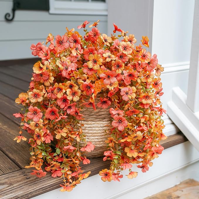 INSPRING Artificial Mums for Outdoors Decoration Fall Fake Flowers for Outside Decor, 2Pcs Silk Daisy with Eucalyptus UV Resistant Realistic Vines for Front Door Yard Patio Porch Planter Home-Ruum Studio Home