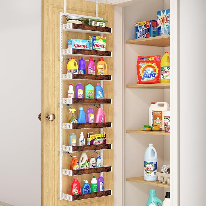 bukfen Over the Door Pantry Organizer, 8-Tier Adjustable Wooden Basket Kitchen Pantry Door Organization and Storage, 2 in 1 Wall Mount or Hanging Heavy-Duty Metal Hanging Kitchen Spice Rack,White-Ruum Studio Home