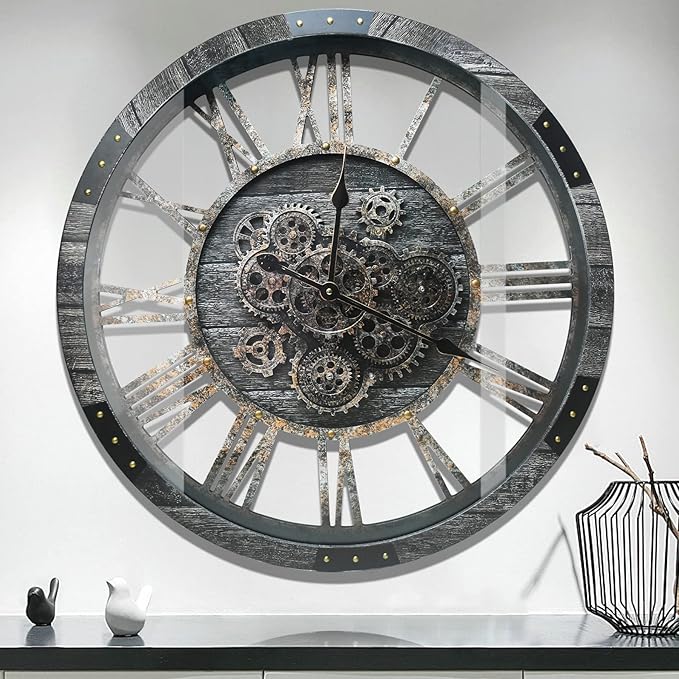 DORBOKER 36" Extra Large Wall Clock with Moving Gears, Oversized Giant Industrial Steampunk Rustic Clocks for Wall Decor Living Room Home Office, Solid Wood Retro Metal,Carbon Grey-Ruum Studio Home
