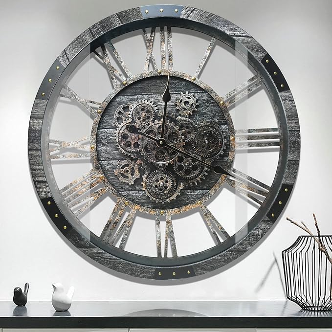 DORBOKER 27" Real Moving Gears Large Wall Clock with Toughened Glass Cover, Giant Wood Farmhouse Clock, Oversized Vintage Industrial Rustic Clock for Living Room Decor Home Kitchen (Carbon Grey)-Ruum Studio Home