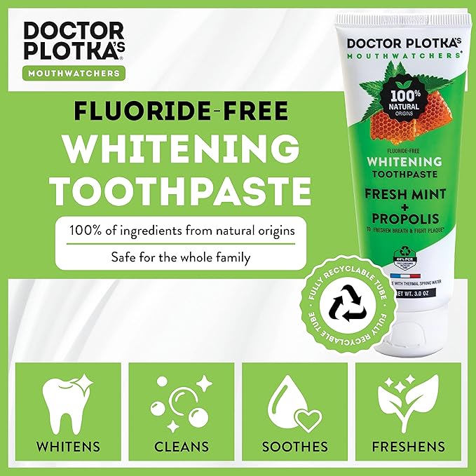 MOUTHWATCHERS Whitening Fluoride Free Naturally Sourced Toothpaste, 2 Tubes, 3 oz Each, for Sensitive Teeth and Gums, Fresh Organic Mint and Organic Propolis, by Dr. Plotka's-Ruum Studio Home