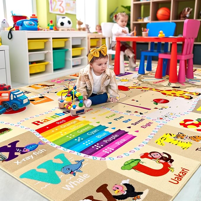 7x10 Playroom Rugs for Kids Washable, Educational and Fun Playmat with ABC Alphabet Animals Shapes Colors, Non-Slip Play Mat Learning Rug for Baby Toddler Children Game Activity，Beige, Pink-Ruum Studio Home