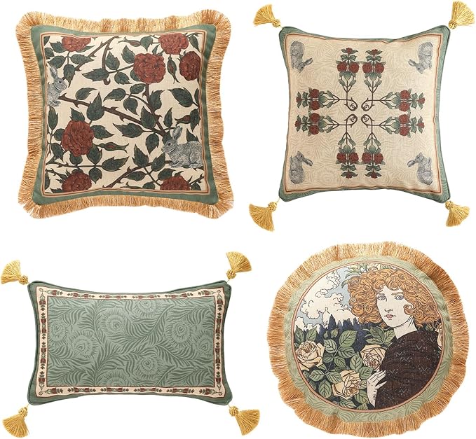 patdrea Designer Throw Pillow Covers Set of 4,French Elegant Green Linen with Rose Collection Pattern Pillow Covers,Decorative Lumbar Square Round Pillowcases Cushion for Bed Living Room Outdoor-Ruum Studio Home