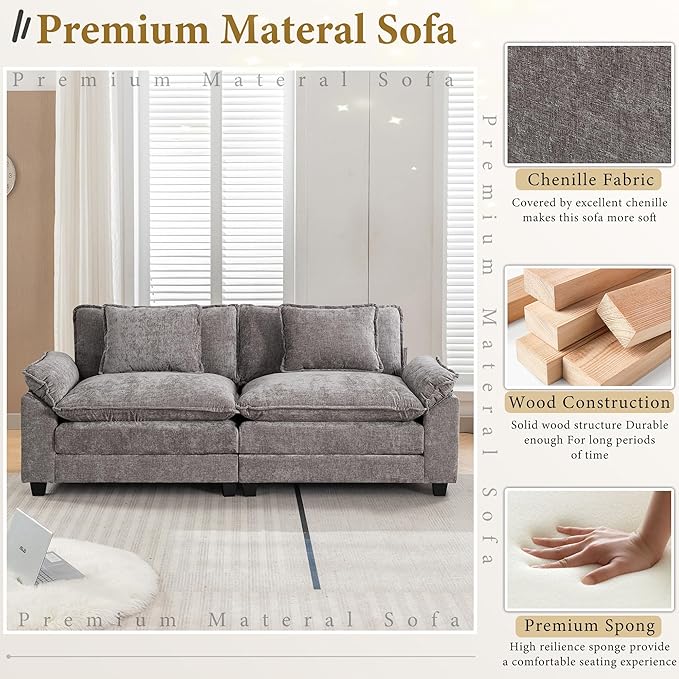 URRED Modular Sectional Sofa Comfy Cloud Couch, Modern Chenille Sofa Sleeper Deep Seat Couches with Ottoman/Pillows for Living Room (Gray, 82.6'')-Ruum Studio Home