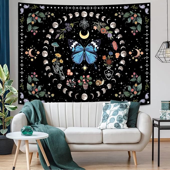 Aipon Blue Butterfly Moon Flower Tapestry Botanical Boho Plant Floral Wall Hanging for Bedroom and Living Room (36.00'' 48.00'', Blue)-Ruum Studio Home