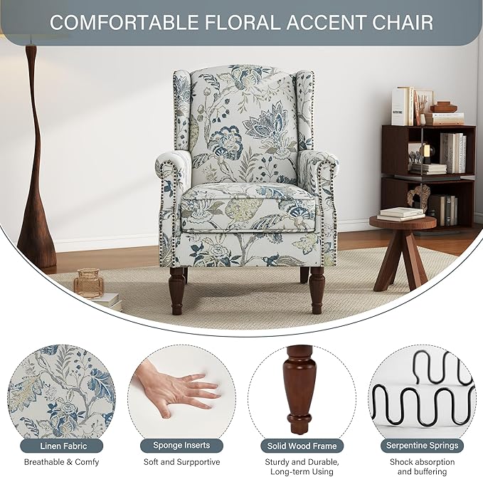 UIXE High Back Floral Accent Chair, Upholstered Armchair in Fabric, Retro Printed Wingback Arm Chair for Living Room, Nailhead Trim Single Sofa Bedroom Reading Seat - Plants Blue-Ruum Studio Home