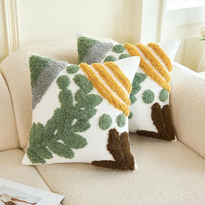 HOdo Home 18x18 Throw Pillow Covers, 2PCS Tufted Boho Jacquard Pillow Covers,Farmhouse Decorative Pillow Cover,Pillow Cases for Couch Sofa Bed Stylish Decor, Simple Textured Cushion Sham-Ruum Studio Home