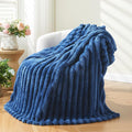 NEWCOSPLAY Super Soft Twin Blanket Navy Premium Silky Flannel Fleece 3D Ribbed Jacquard Lightweight Bed Blanket All Season Use (Navy Ribbed, Twin(60"x80"))-Ruum Studio Home