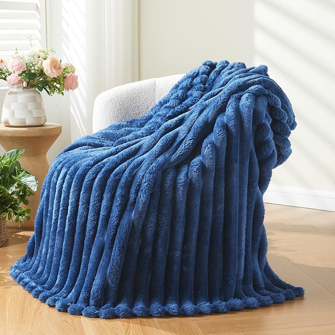 NEWCOSPLAY Super Soft Twin Blanket Navy Premium Silky Flannel Fleece 3D Ribbed Jacquard Lightweight Bed Blanket All Season Use (Navy Ribbed, Twin(60"x80"))-Ruum Studio Home