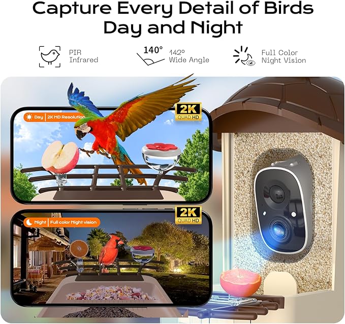 Bird Feeder with Camera, 2K HD Live Video, Smart Bird Cam Solar Powered with AI Birds Species Identification, Auto Capture Video, Instant Arrival Alerts, Best Gifts for Mom Dad-Ruum Studio Home