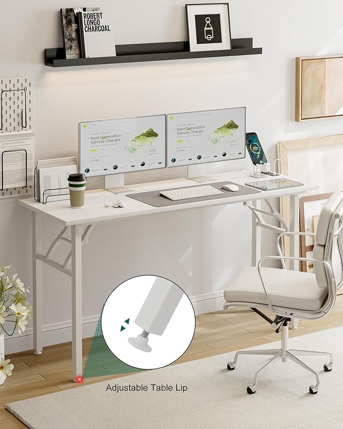 Frylr Small Folding Computer Desk – 55.1 Inch Portable Table for Craft and Study, Lightweight Desk for Small Spaces, Foldable Laptop Table Built-in AC/USB Outlets for Convenience, White-Ruum Studio Home