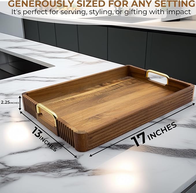 Acacia Wood Serving Tray with Metal Handles – 17x12in Rustic Decorative Ottoman & Coffee Table Tray for Breakfast in Bed, Dinner, Bar, Kitchen, Home Décor & Entertaining-Ruum Studio Home