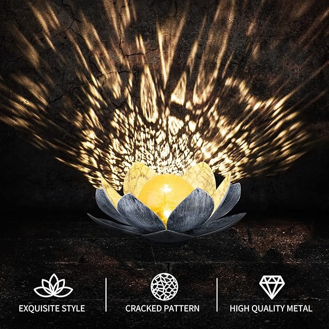 Garden Solar Light Outdoor(2Pack), Amber Crackle Globe Glass Lotus Decoration, Waterproof Gary Metal LED Flower Lights for Patio,Lawn,Walkway,Tabletop, Garden Gifts for Women-Ruum Studio Home