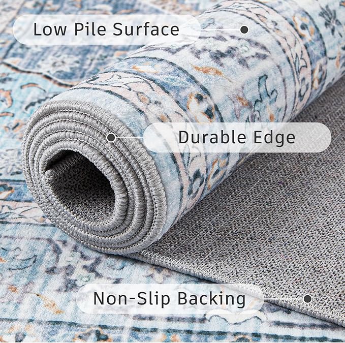 DCX Machine Washable Blue and Beige Area Rugs 5x7, Non Slip Stain Resistant Vintage Floral Rug for Living Room Bedroom Nursery, Soft Low Pile Large Carpet-Ruum Studio Home