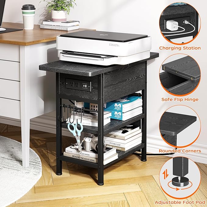 End Table with Charging Station, Flip Top Nightstand with USB Ports and Outlets,Couch Side Table with Fabric Bag and Hooks, Bedside Table for Space Saving, Living Room, Bedroom (Black)-Ruum Studio Home