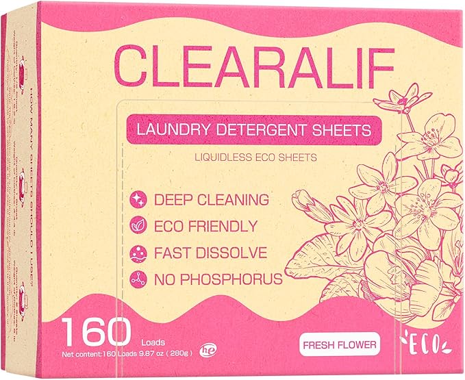 Laundry Detergent Sheets Up to 160 Loads, Fresh Flower - Great For Travel,Apartments, Dorms,CLEARALIF Laundry Detergent Strips Eco Friendly & Hypoallergenic - 80 Sheets-Ruum Studio Home